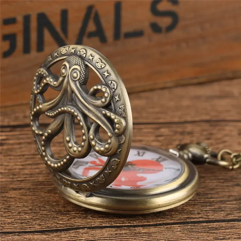 Classic Bronze Octopus Half Hunter Pocket Watch Men Women Quartz Hollow Clock Necklace Pendant Chain Roman Number Display Gift