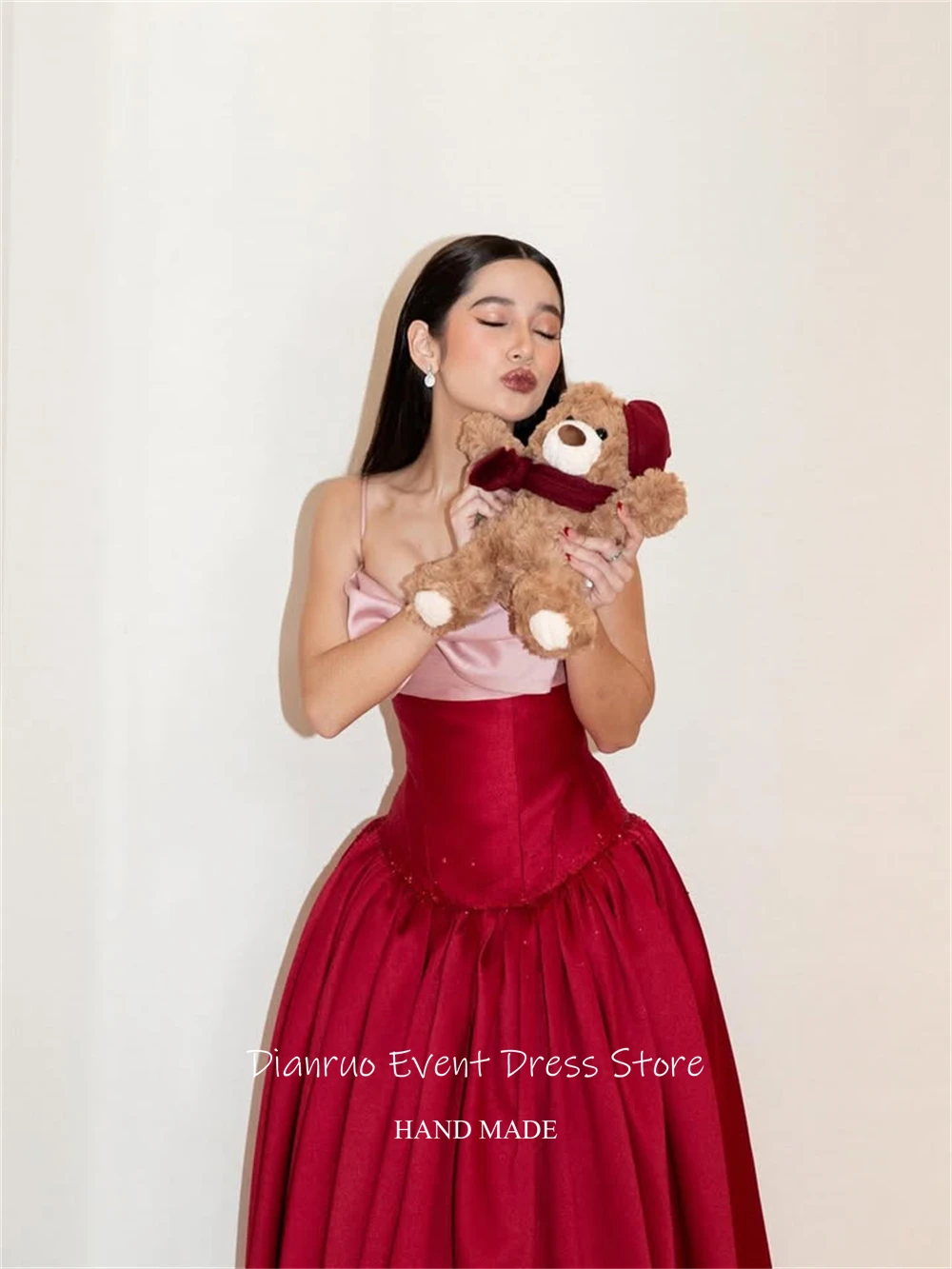 Dianruo Rosso E Rosa Una Linea di Abito Da Sera Midi di Lunghezza Senza Spalline Robe De Soirée Femme Arco Abiti Para Mujer Personalizzato