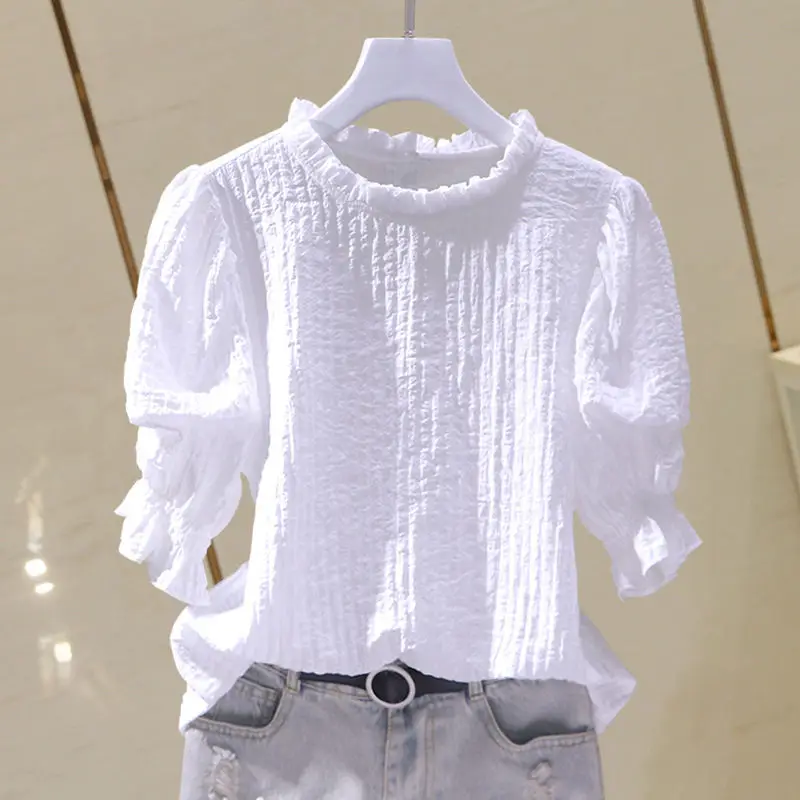 

Loose Women's Summer irt Collar T-irt ort Sve Chiffon Top Versatile f High Collar Casual Faion Pure Color