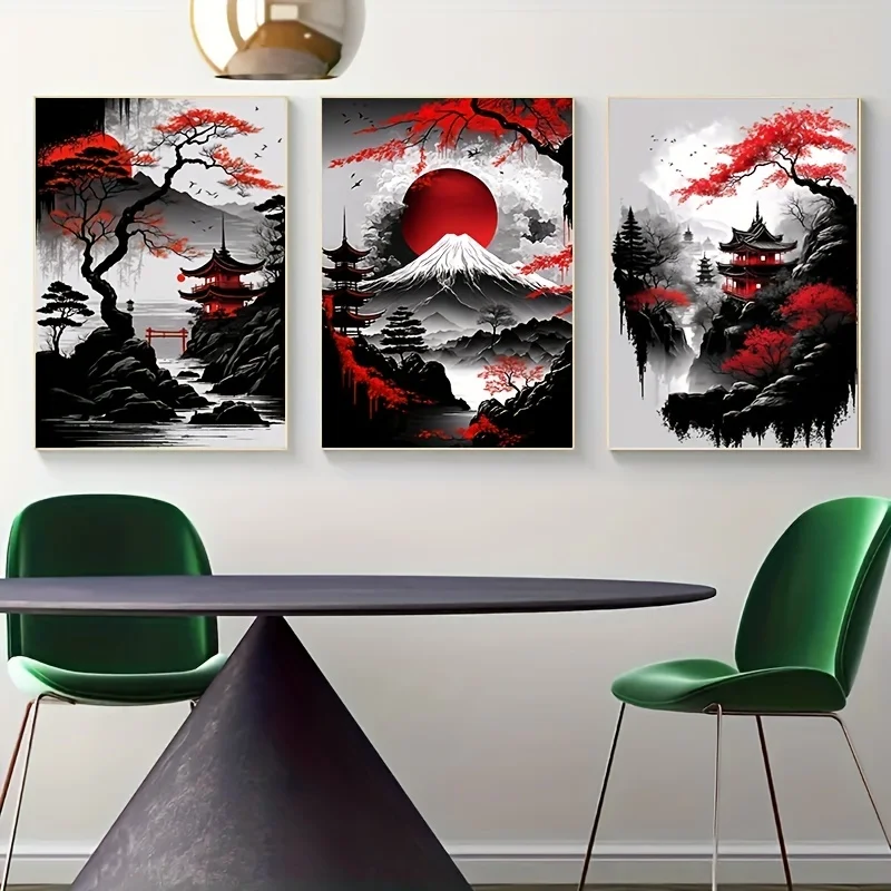 Japanese Red Maple Fuji Mountain Canvas Wall Art Set, Zen Landscape Pagoda Boat Print, Living Room Home Decor