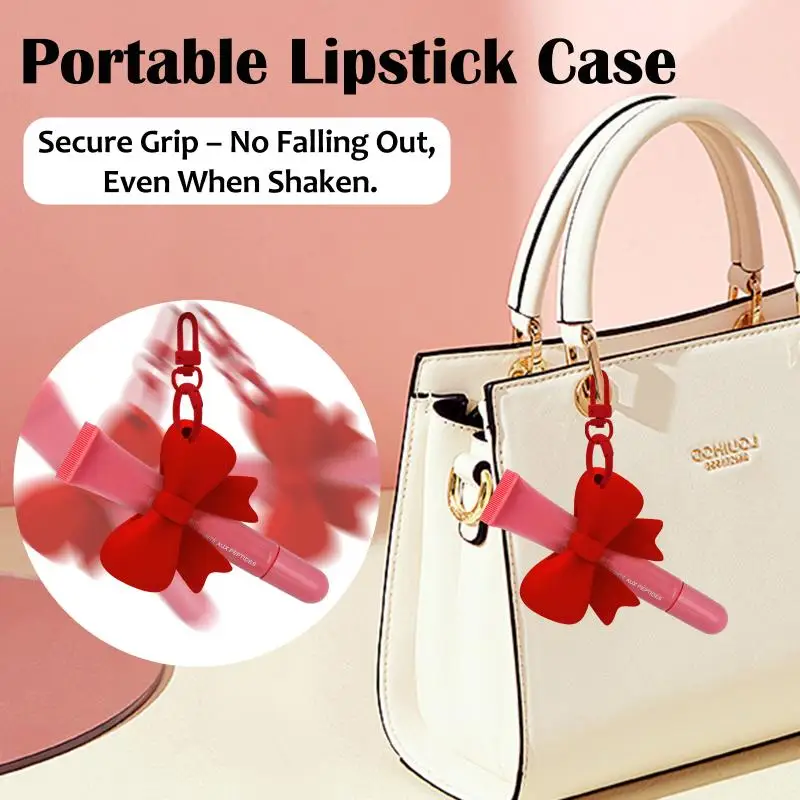 New Silicone Bow Lipstick Holder With Keychain Easy To Carry Lip Gloss Protective Sleeve Lipstick Holder Bag Pendant view 4