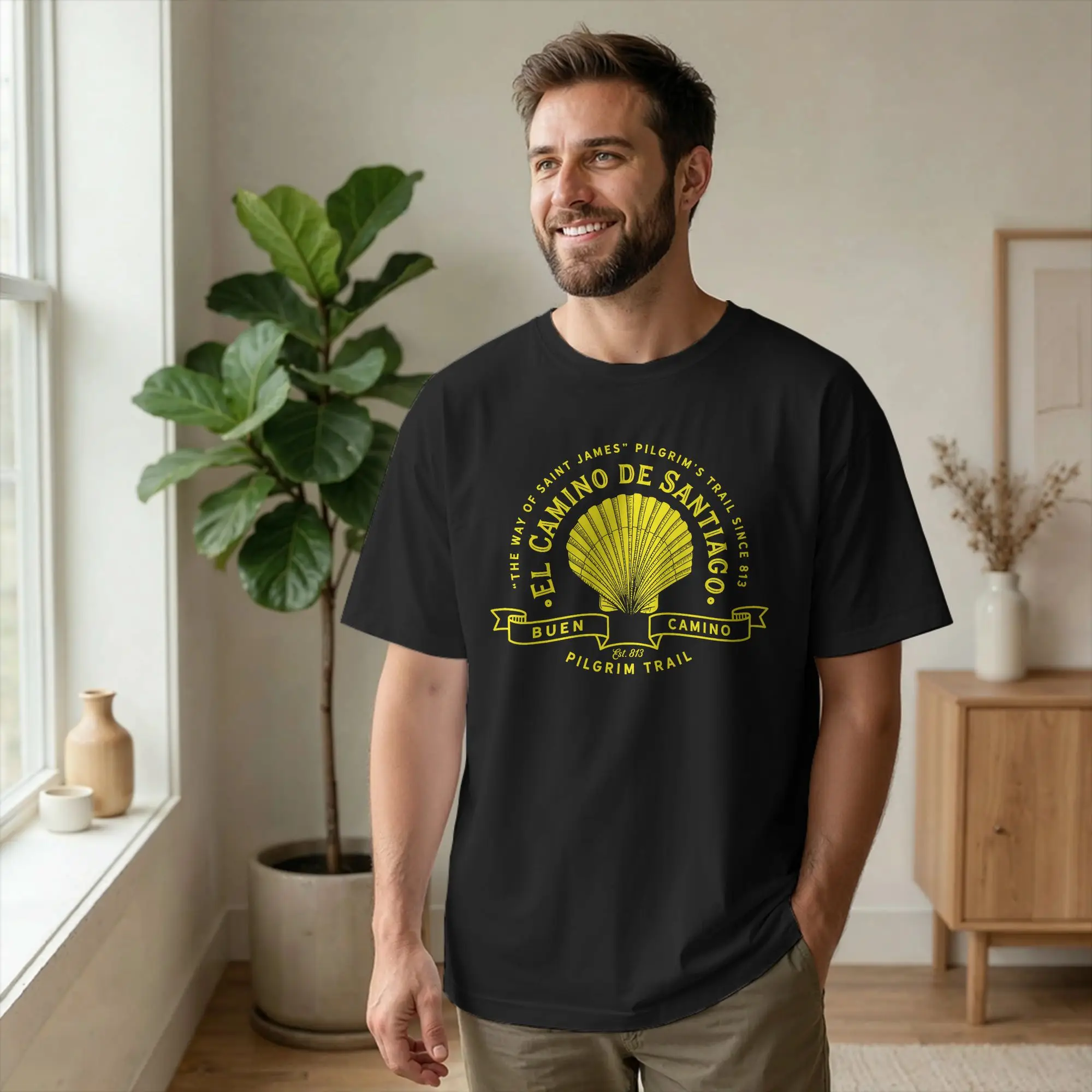 Men's T-Shirt Way of Saint James Camino de Santiago Cotton Tees Short Sleeve Buen Camino T Shirt Round Neck Clothes Gift Idea