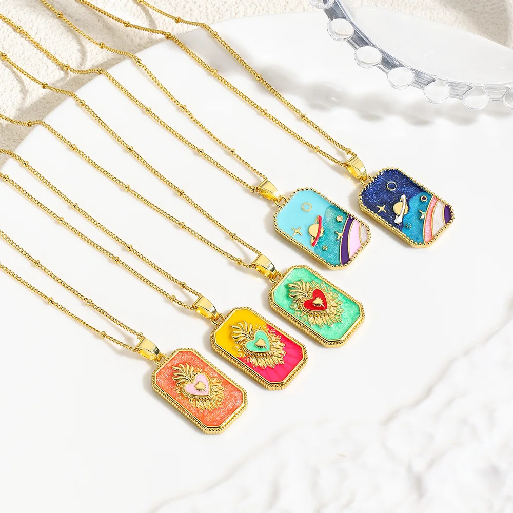 European and American light luxury square color drip love & universe tarot pendant necklace couple birthday gift