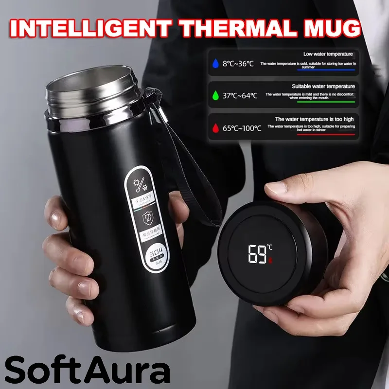 Bouteille isotherme SoftAura en acier inoxydable avec affichage LED de la température, 500 ml - 1 L, flasque sous vide SUS304, tasse portable, Nouveauté 2026