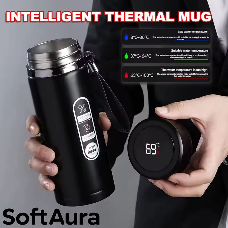 SoftAura בקבוק תרמוס מנירוסטה עם תצוגת LED לטמפרטורה 500ML-1L Sus304 בקבוק ואקום נייד 2026 חדש