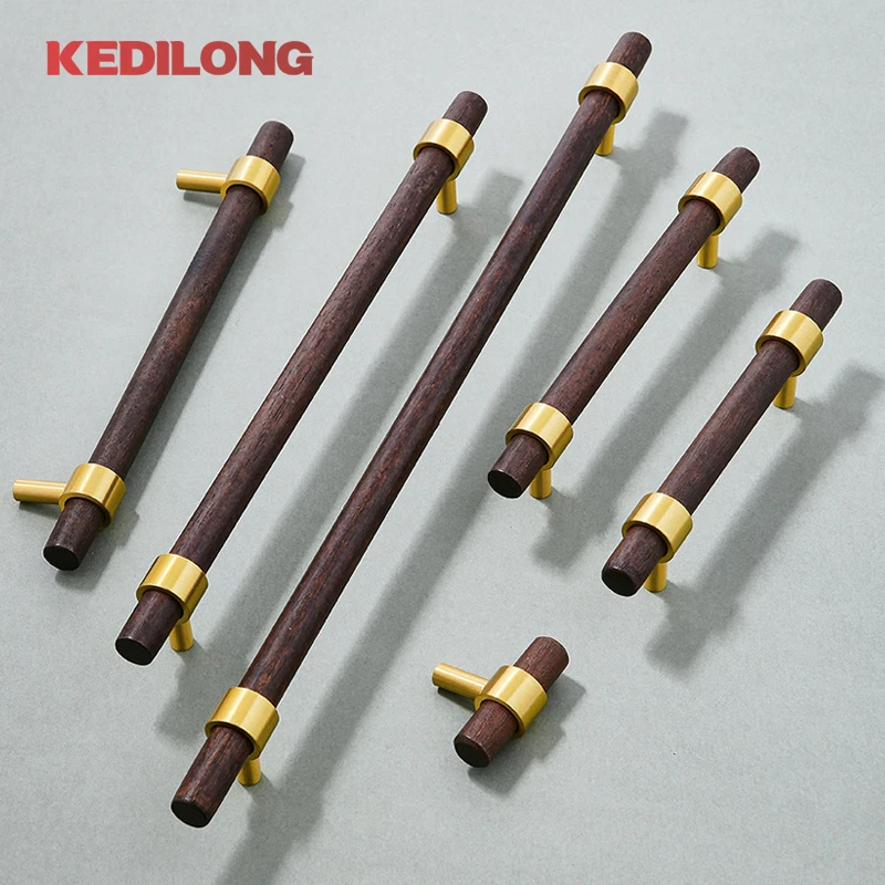 KEDLO European Simple Walnut Wood Handle Light Luxury Brass Knob Cabinet Drawer Wine Cabinet Door Pul T-Handle