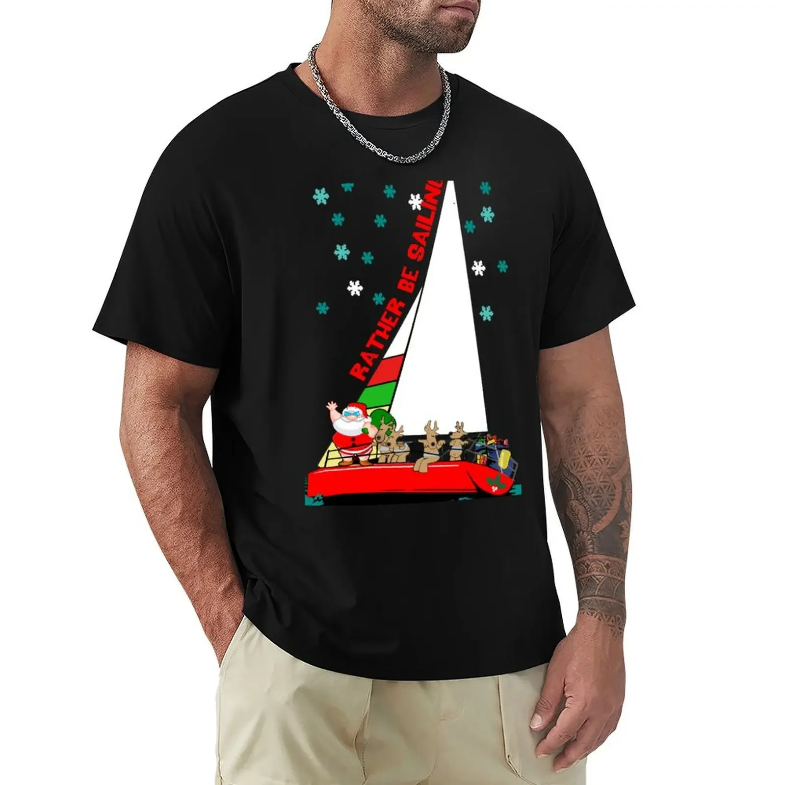 

Santa Would Rather Be Sailing at Christmas T-Shirt blacks cotton graphic tees clothing for men
