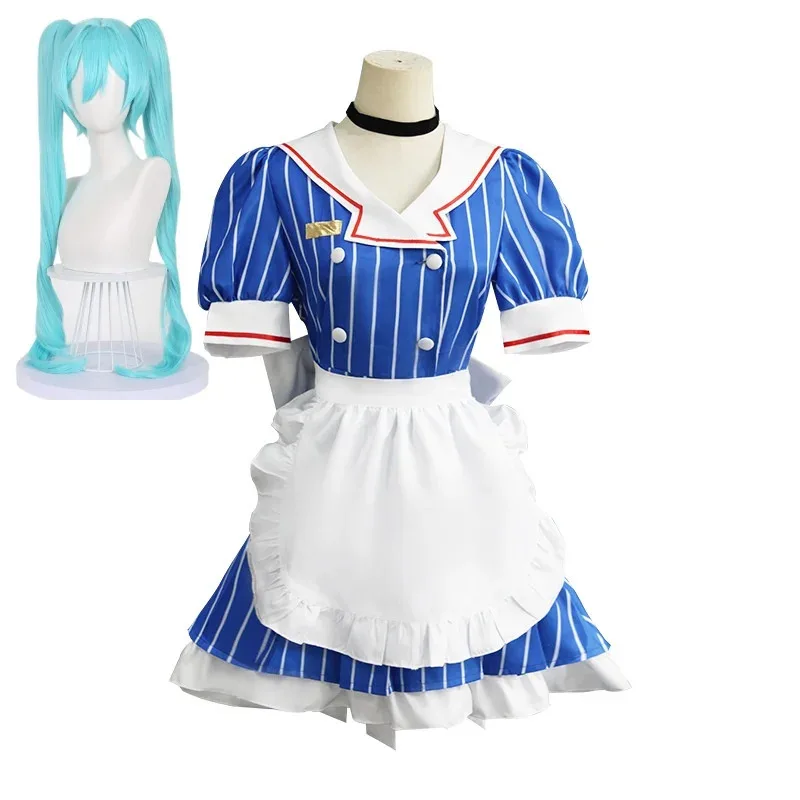 Mesmerizer Cosplay Costumes Wig Anime Uniform Women Striped Maid Dress Hat Apron Suit Halloween Christmas Carnival Party Dress