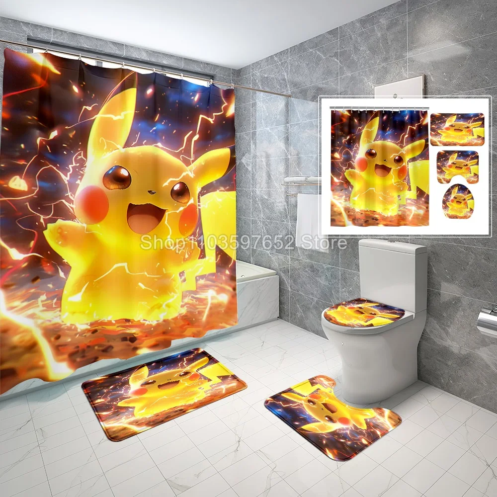 Pikachu Pokemon Anime 3D Printing Shower Curtain Set Shower Curtain Bath Drapes Set Bathroom Mat Toilet Home Decor Kids GIfts