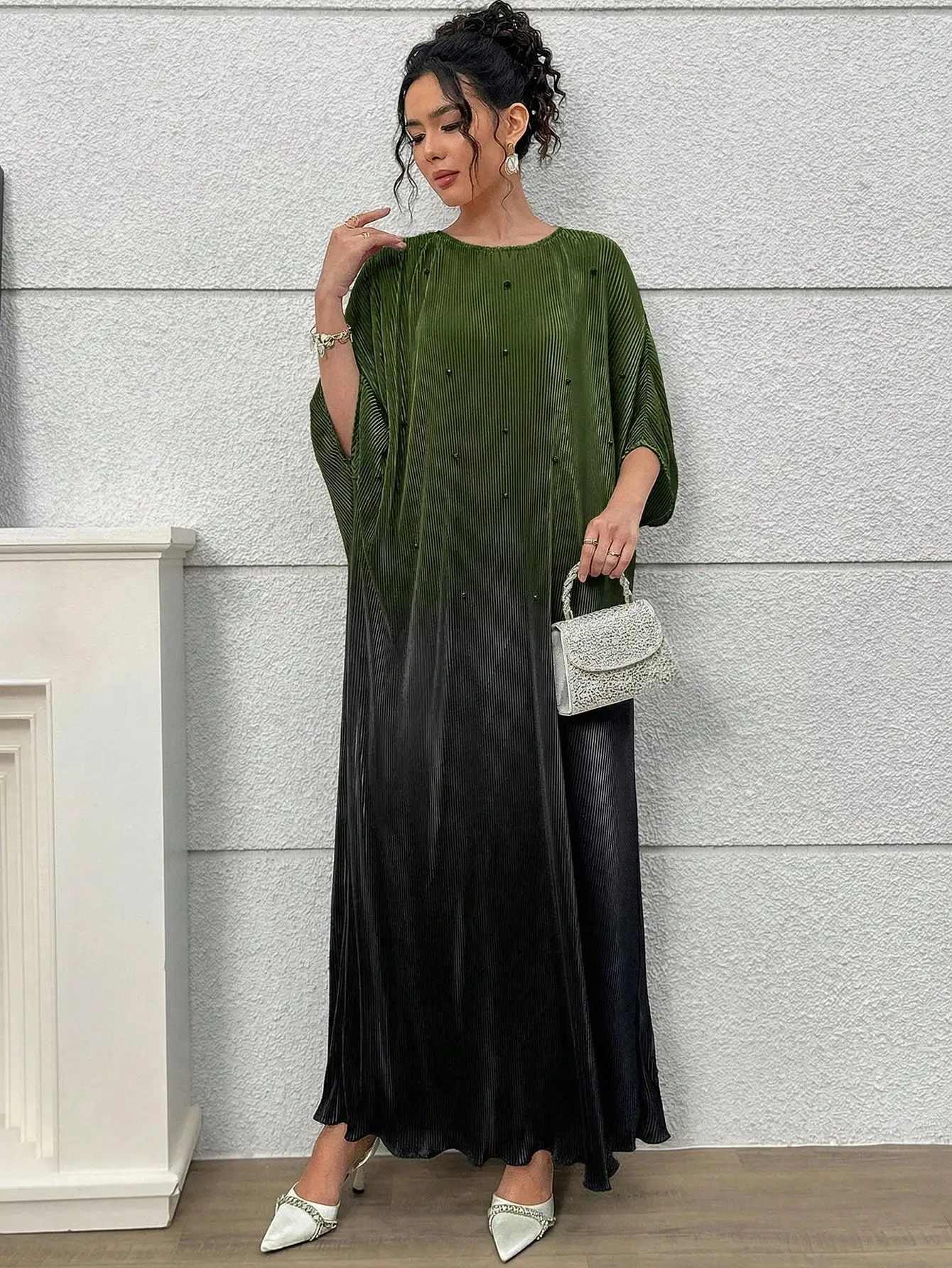 

Womens Pleated Round Neck Long Dress For Party Daily Wear