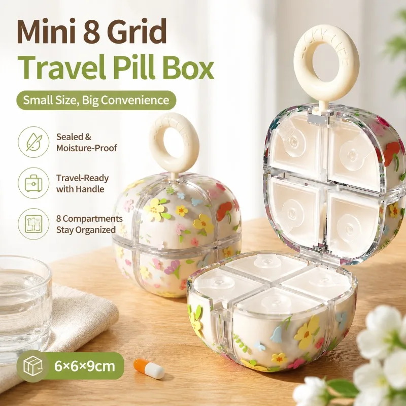 

Flower Shaped 8 Compartment Pill Box with Handle Mini Portable Medicine Case Sealed Moisture Proof Drug Storage Container Daily