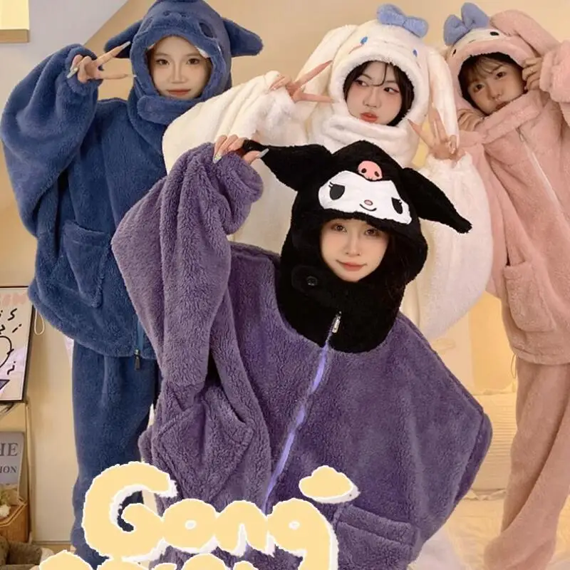 

Anime Kuromi Women's Pajamas Cartoon Kawaii Stitch Sleepwear Plush Warm Girly Pajamas Pants Student Indoor Winter Warm Sleepwear