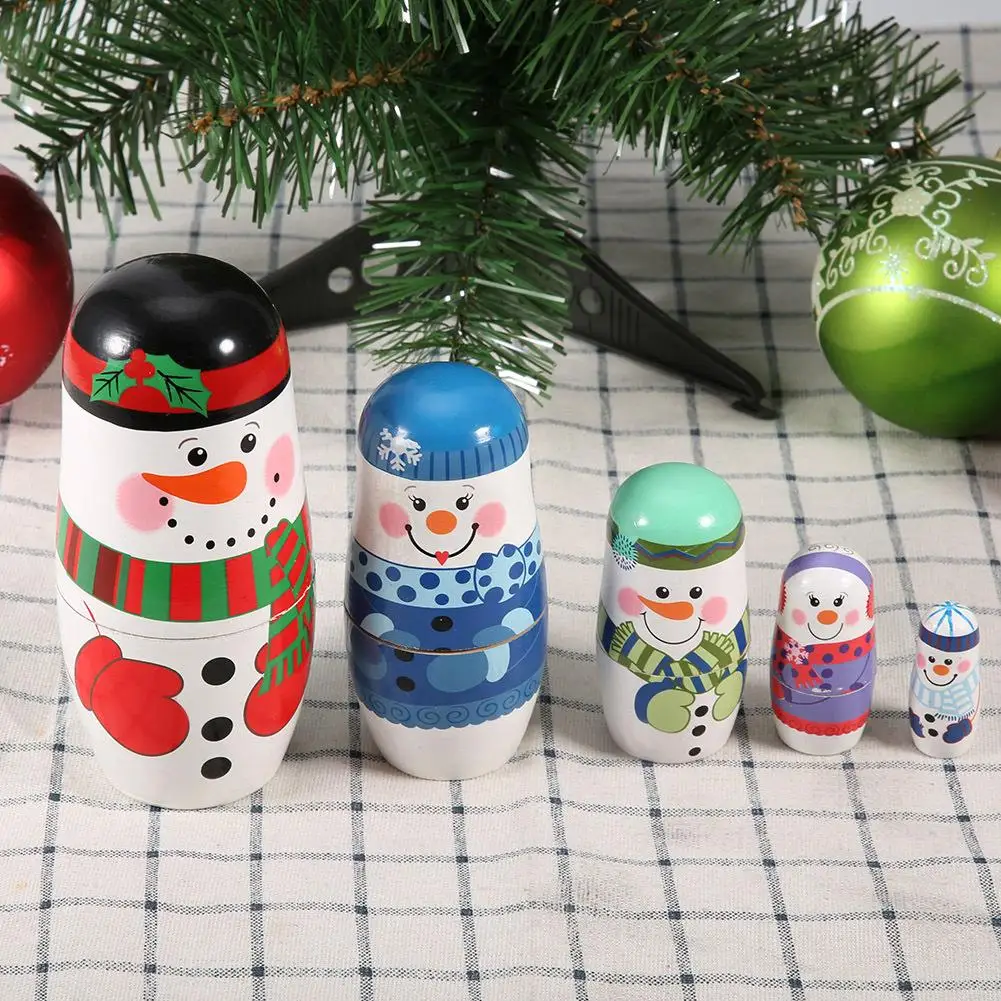 5pcs Christmas Handpainted Wooden Matryoshka Russian Nesting Dolls Set for Home Decoration