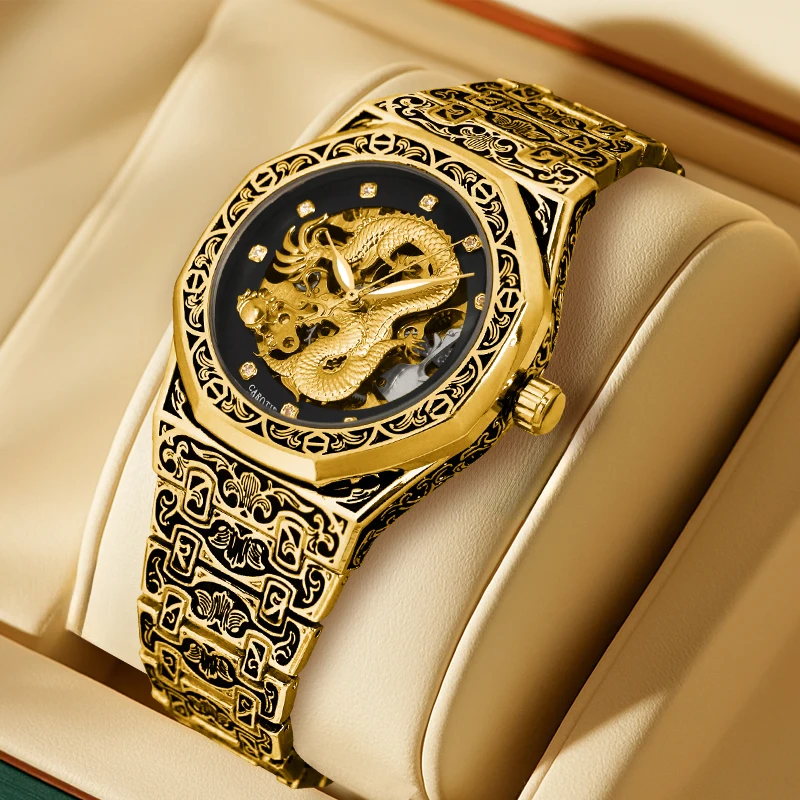 

A men's black and gold vintage luxury carved golden dragon polygonal automatic mechanical watch