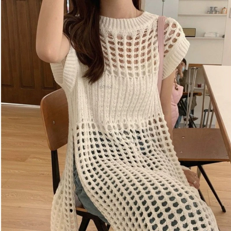 Vestido suéter feminino de malha em camadas cor sólida oco solto sem mangas colete vestido em torno do pescoço estilo viajante vestido 2025 novo