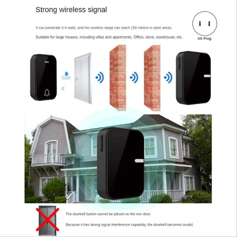 Self Powered Doorbell Battery Free Waterproof 200 Meter Ultra Long Distance(US Plug)