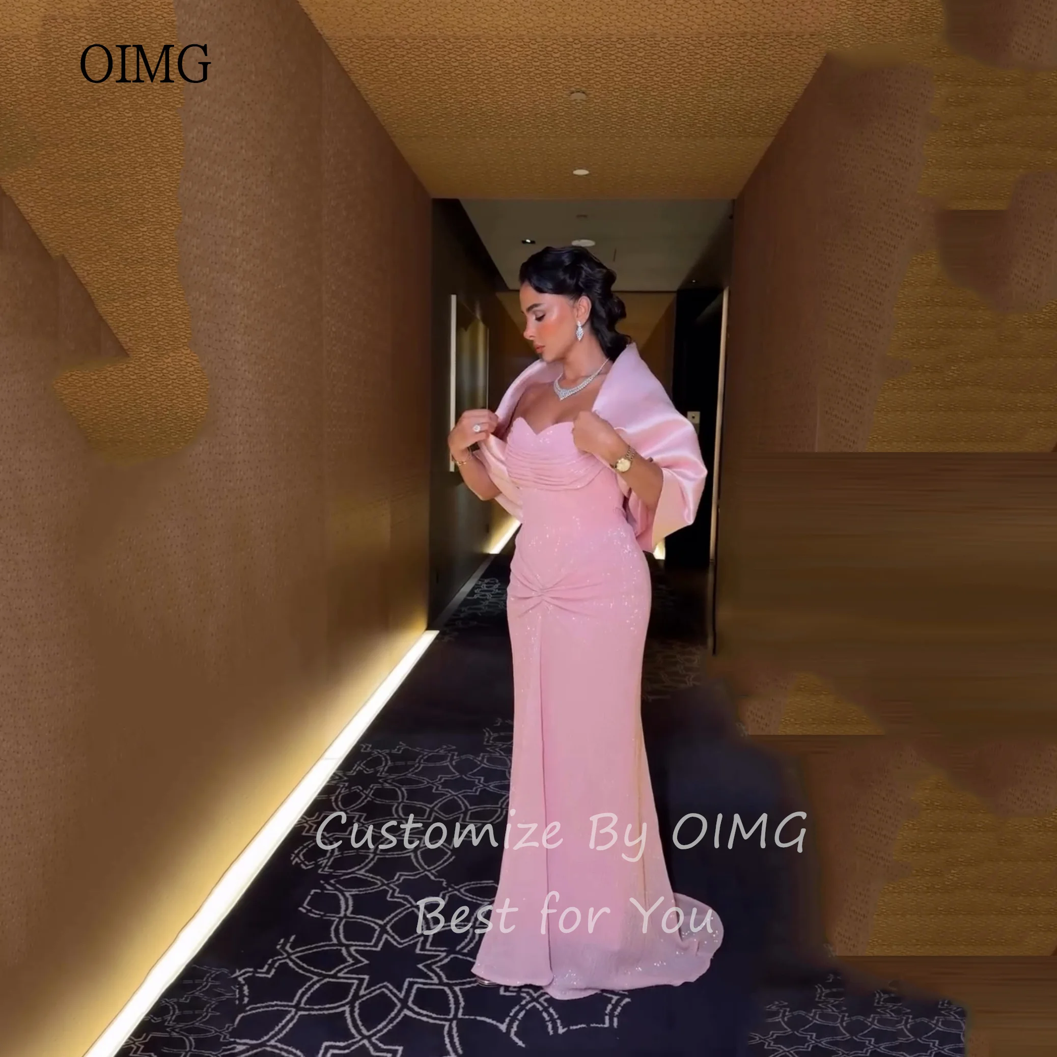 Oimg brilhante rosa sereia vestidos de baile boné querida pescoço vestido de festa até o chão vestido de noite personalizado