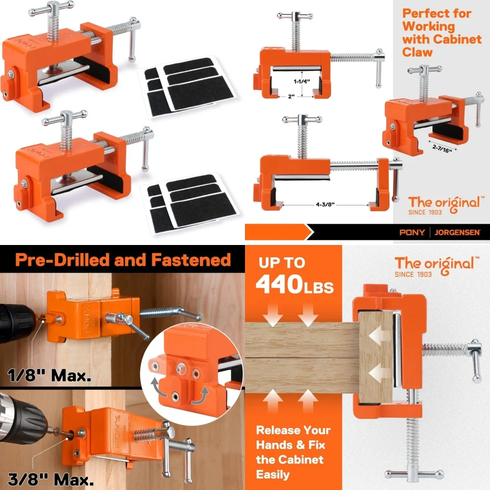 

Наборы ручных инструментов, 2 упаковки сверхмощных зажимов для шкафа, грузоподъемность 440 фунтов для лицевой рамы, деревообработки