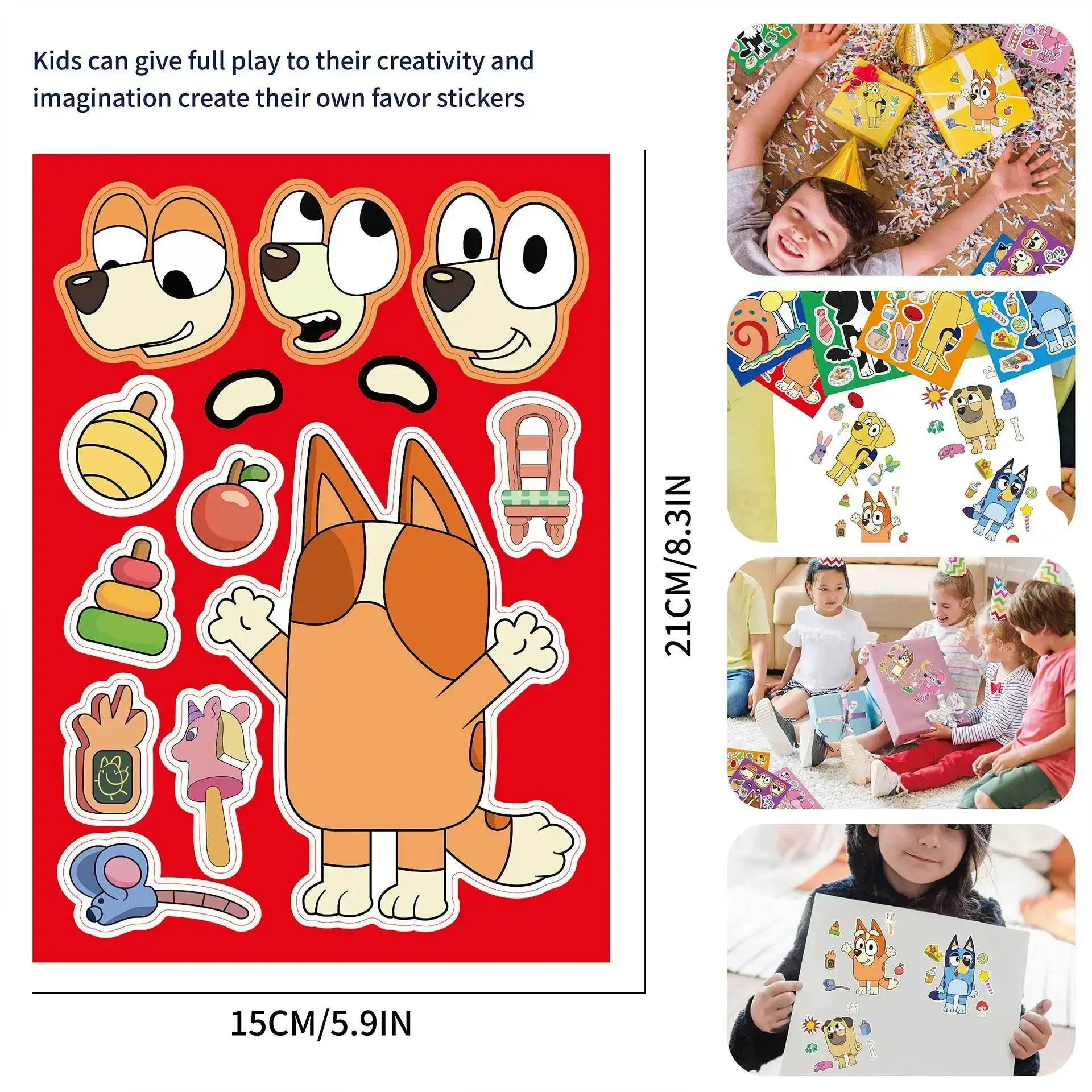 8Sheets Bluey Sticker Children Puzzle Stickers Make-a-Face Funny Assemble Jigsaw DIY Cartoon Sticker Kids Educational Toys