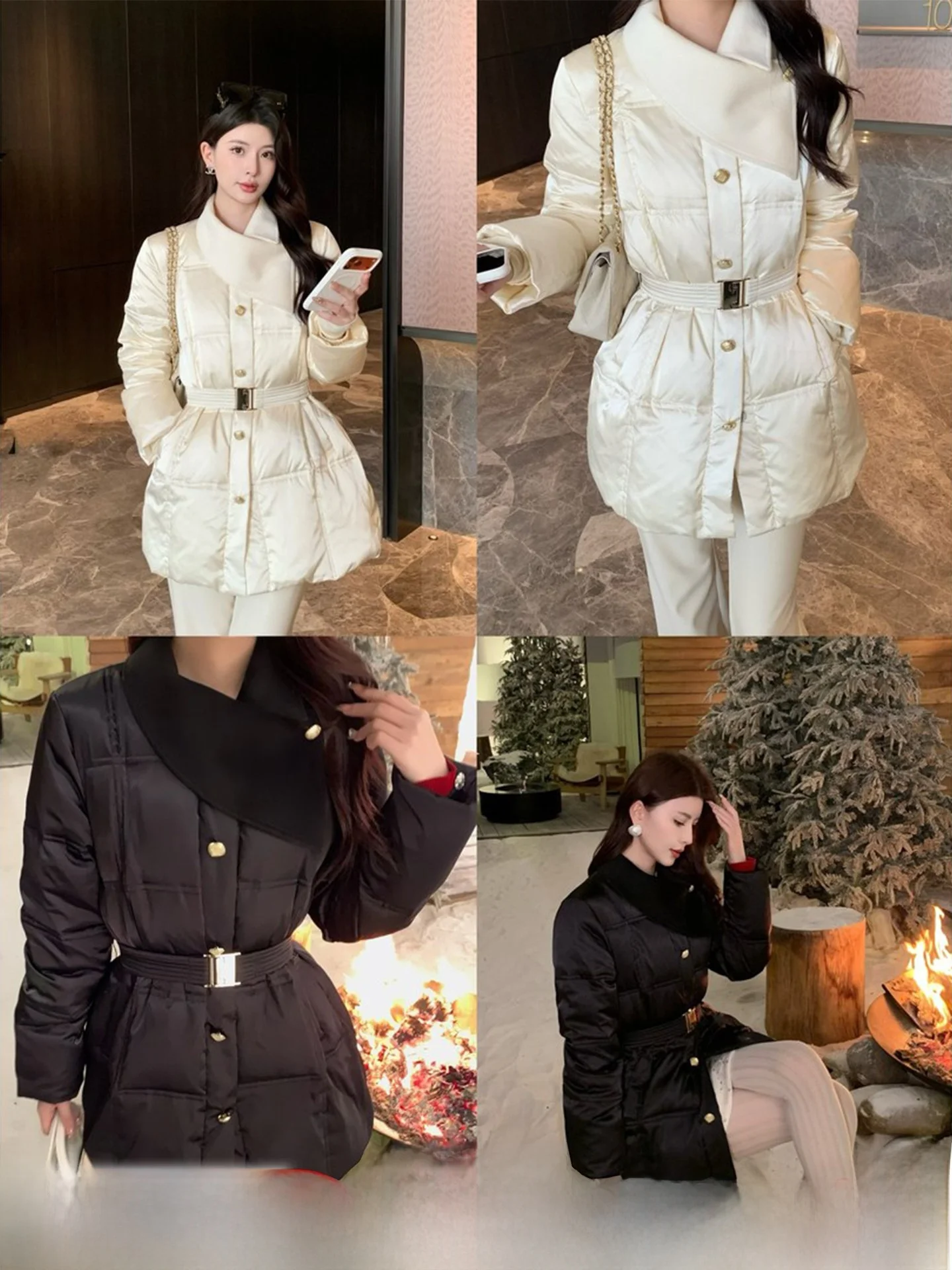 

Ele Silk down Jaet Women's Mid-Length Waist-Cinching Thi Coat KingUsefulNatual Brand White Du Feather Warm Long Sve