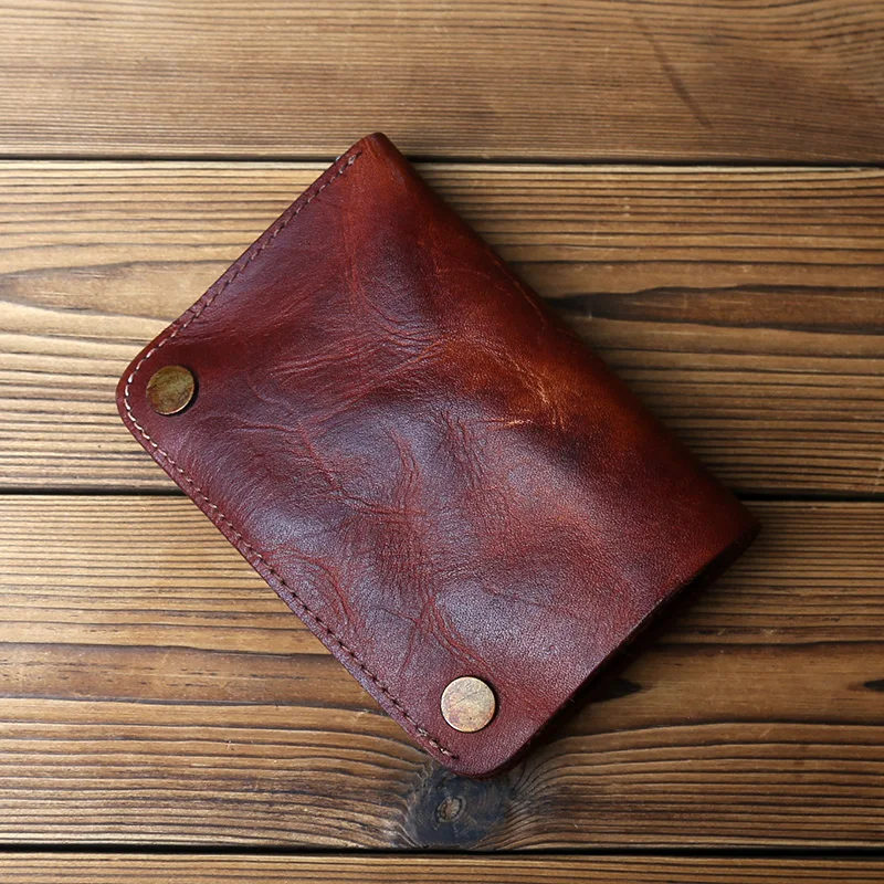 Retro Handmade Leather Wallet for Ladies Top Layer Cowhide Men's Short Wallet Wiping Color Buckle Bag Vertical Credit Card Bag