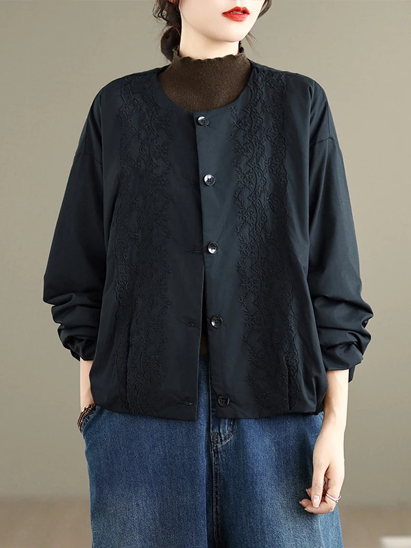 

Retro Embroidered Cotton Jaet Casual Loose Warm Outerwear for Women round Ne Long Sve Thiened Cardigan Daily Wear