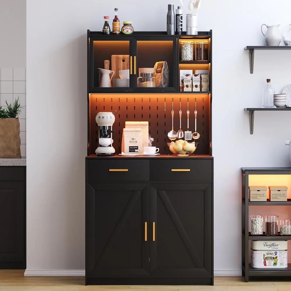 

LED Kitchen Pantry Cabinet with Outlets, Farmhouse Storage Cabinet with Drawers & Adjustable Shelves, Cupboard with Pegboard and