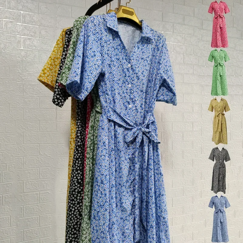 فستان مُزين بطباعة 2023 لربيع وصيف 2023، فساتين متأرجحة كبيرة للعطلات بأكمام قصيرة ورقبة على شكل حرف V للنساء