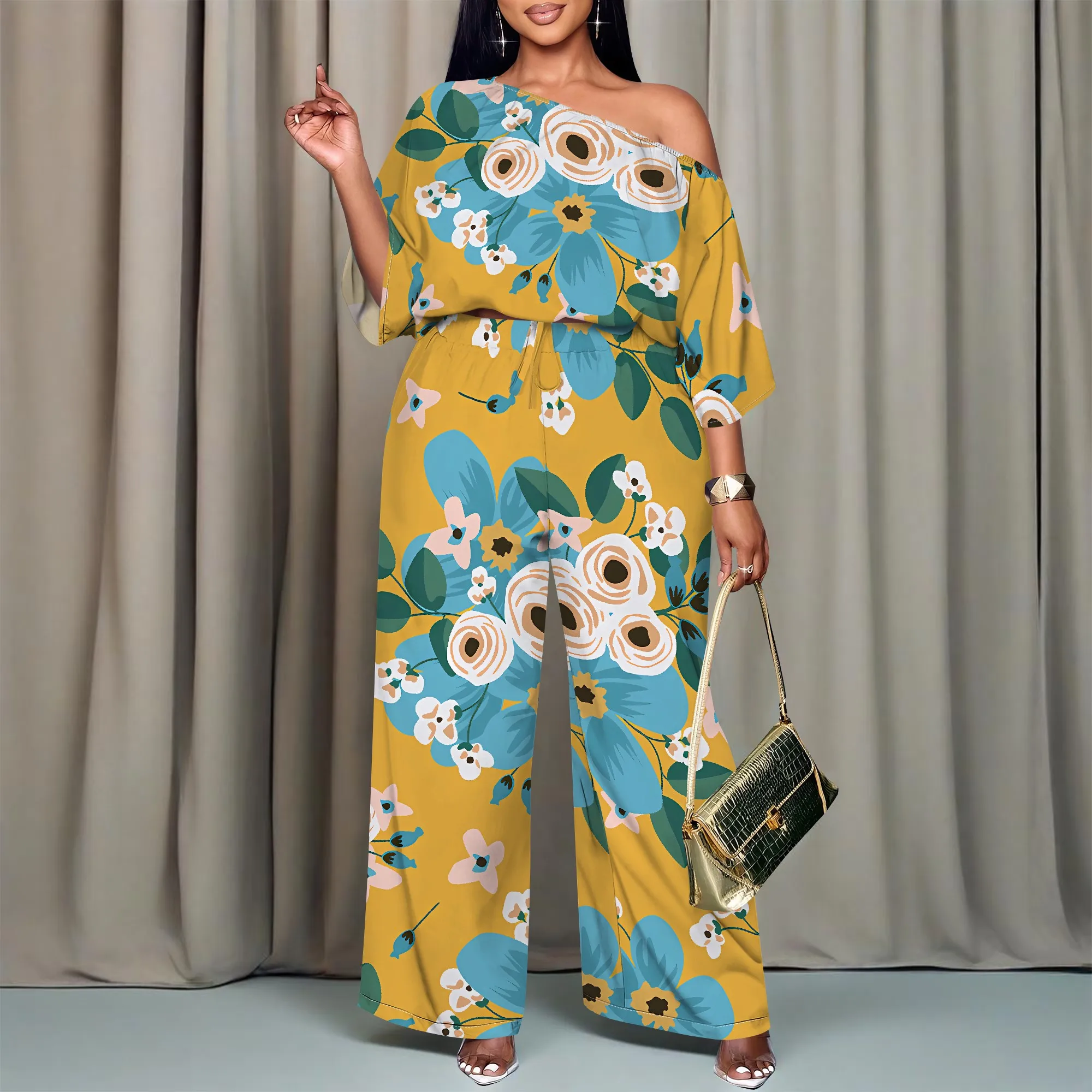 Women's Summer 3D Fashion  Casual  Printed Sloping Shoulder Set Two-Piece Set