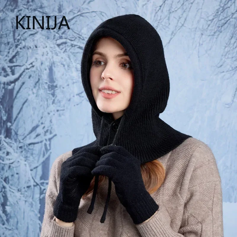 2pc Women Knitted Balaclava Hat Winter Warm Ear Protection Knitted Gloves Hat Set Women Shawl Hooded Hoodie Fake Collar