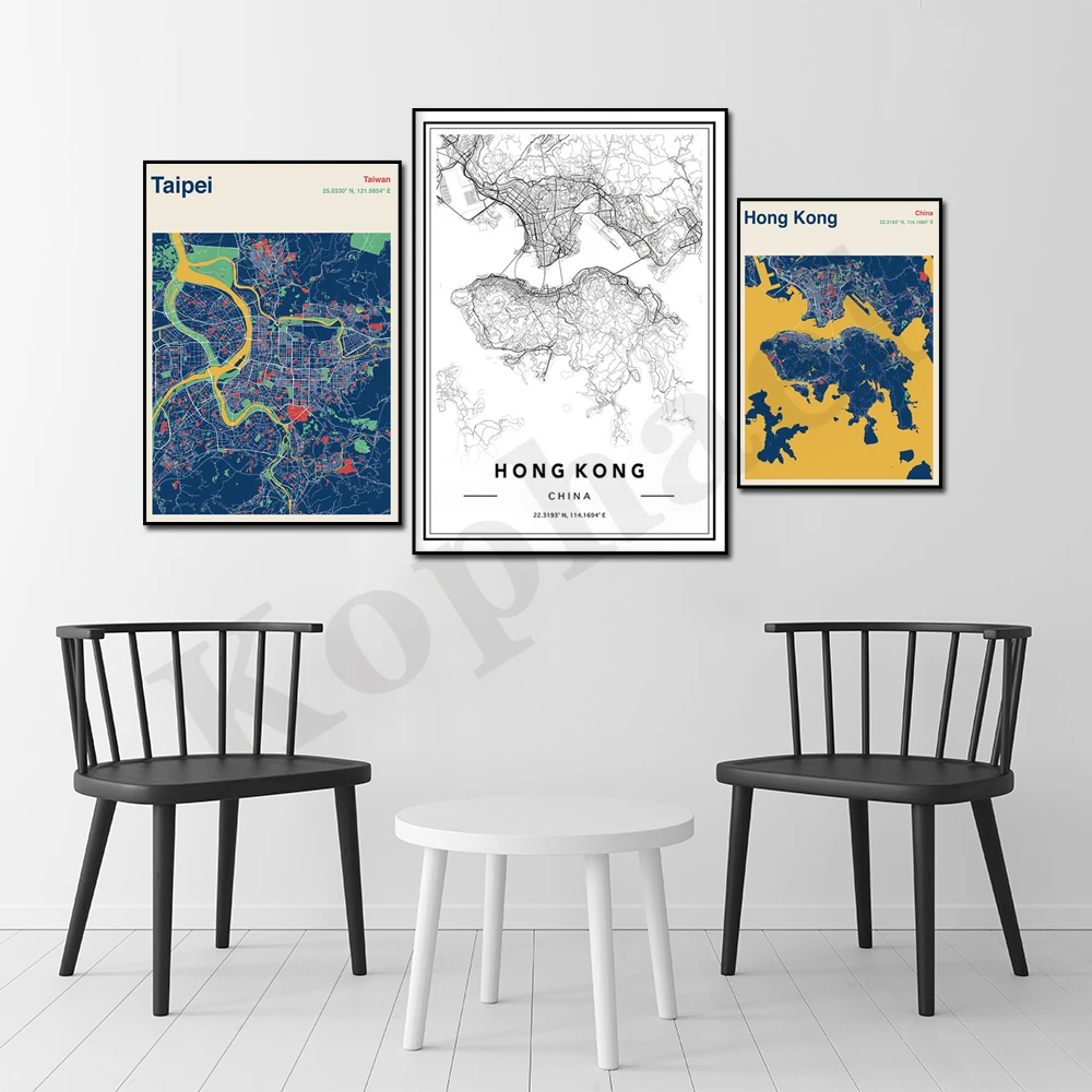 Hongkong. Taipei, Taiwan. City Color Map Art Wall Decor Poster