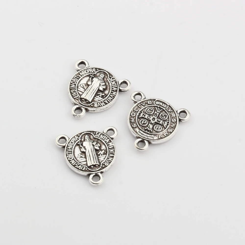 20Pcs Alloy Saint Benedict Medal Cross Triangular 3-Strand Charm Spacer End Connector For Jewelry Making F-59