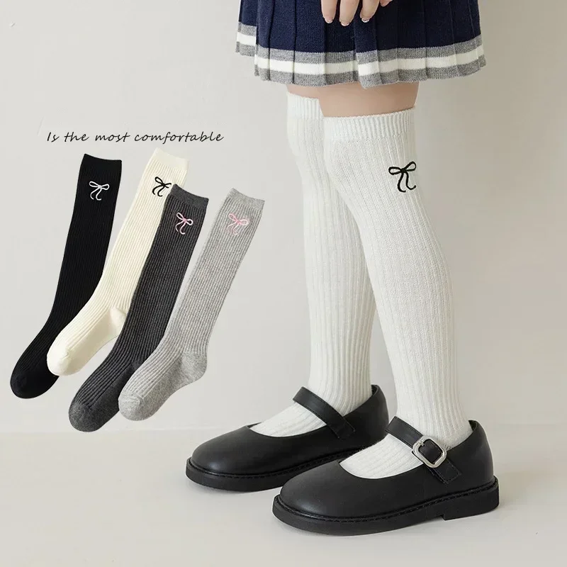 Baby Children Korean Knee High Long Socks for Girls Sweet White Bow Jacauard Cotton Legging Stocking School Sock for Kids Tights view 2