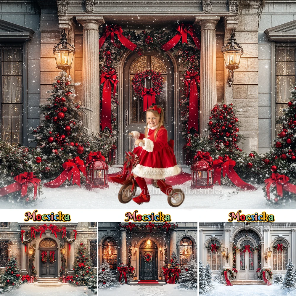 

Christmas Vintage Palace Front Door Background Photography Snowflake Xmas Tree Lantern Snowy Backdrop Kids Family Photo Studio