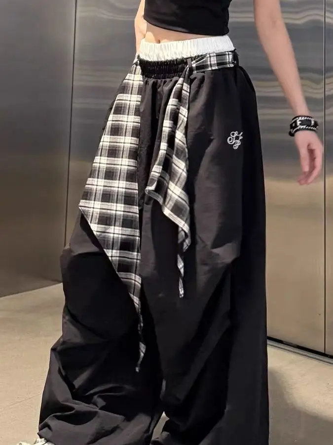 American Retro Street Dance Wide Leg Pants Detachable Floor Length Loose Drapey Casual Trousers Plaid Splicing High Waist Ela... - Image 4