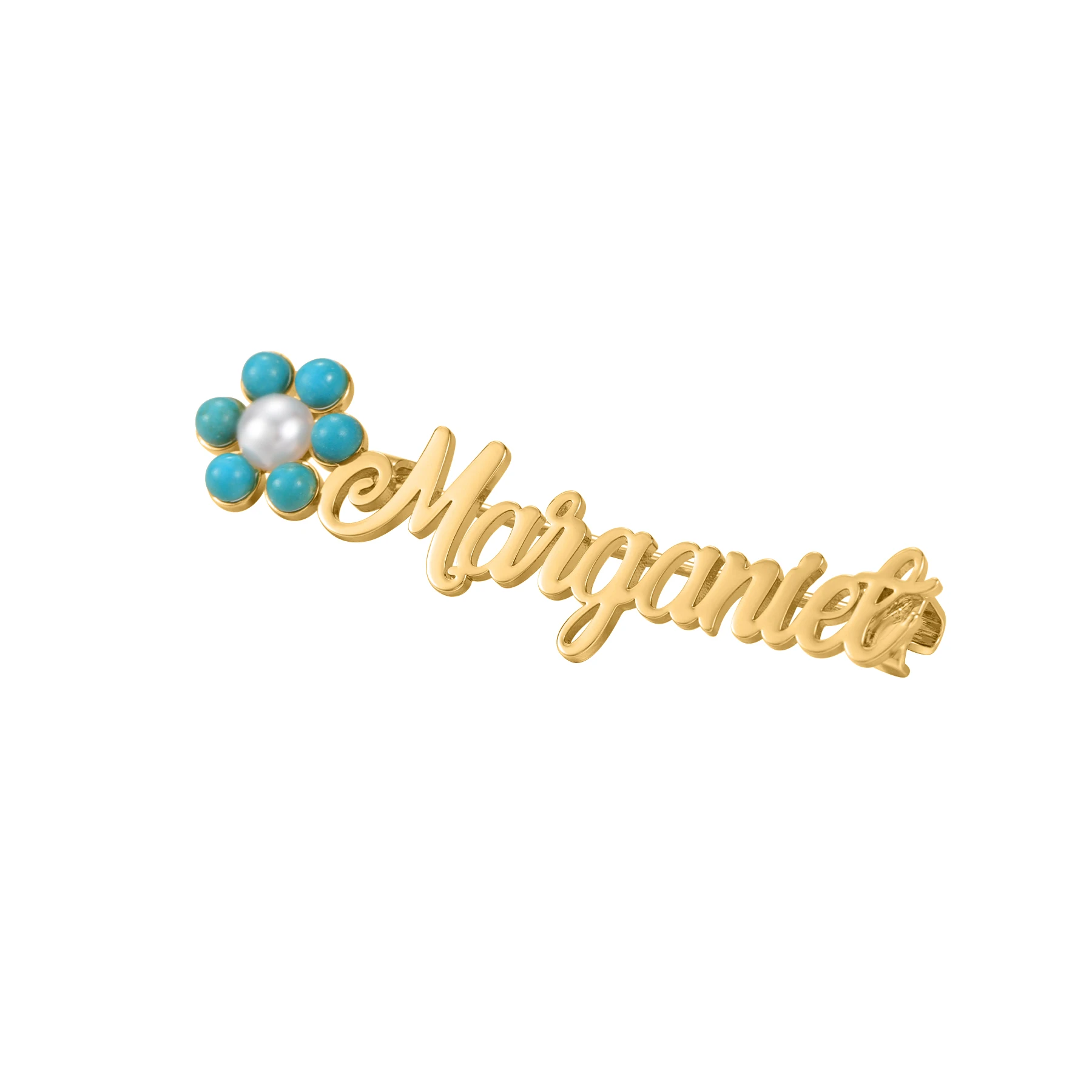 Custom Name Brooch Personalized Script Letter Pin Floral Design Turquoise Flower Jewelry Fashion Accessory Gift For Women Girls