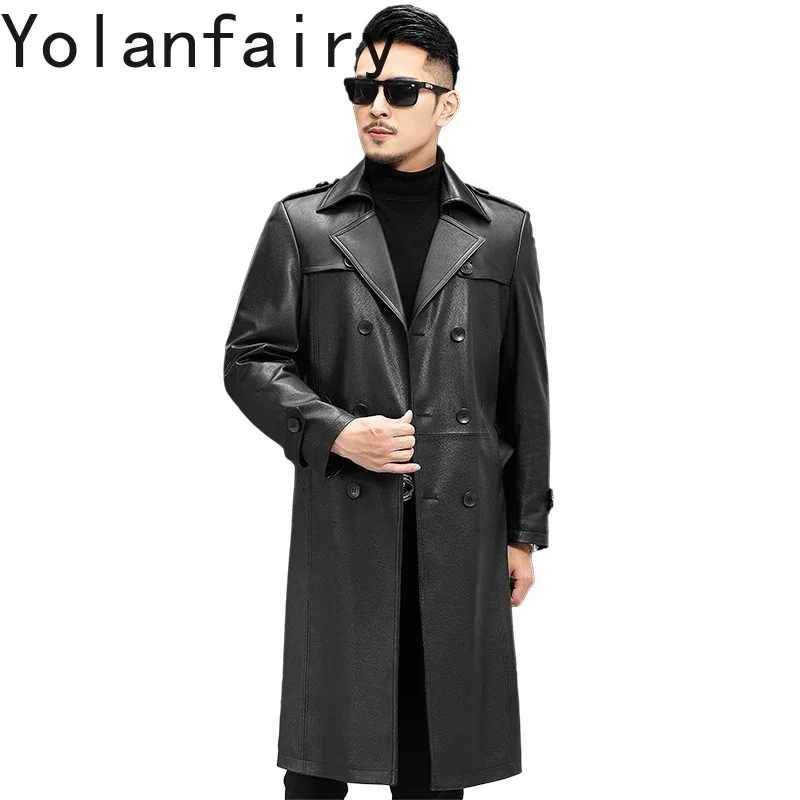 YOLANFAIRY Spring Autumn Genuine Leather Jacket Man Long Leather Windbreaker Coats Double Breasted High-end Cowhide Leather Coat