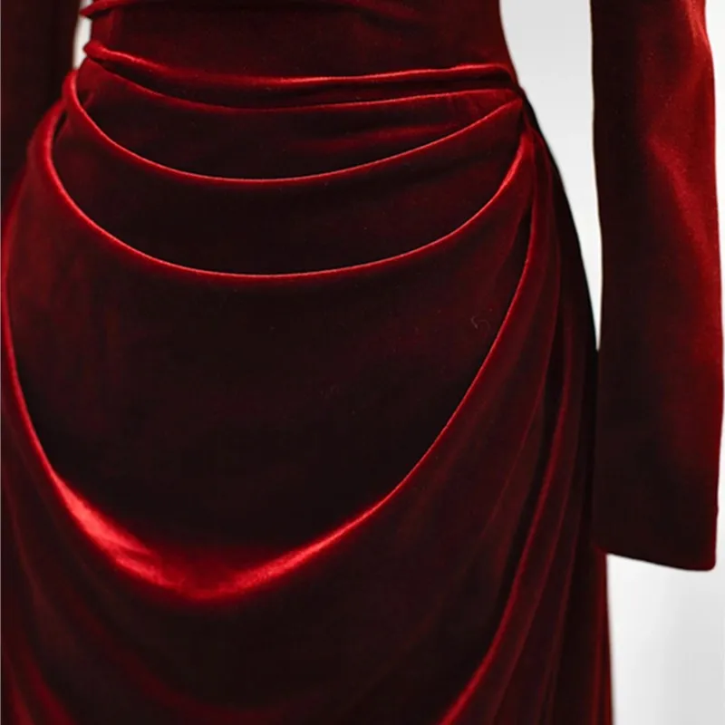 Velvet toasting gown Wine red long sleeve banquet host dress