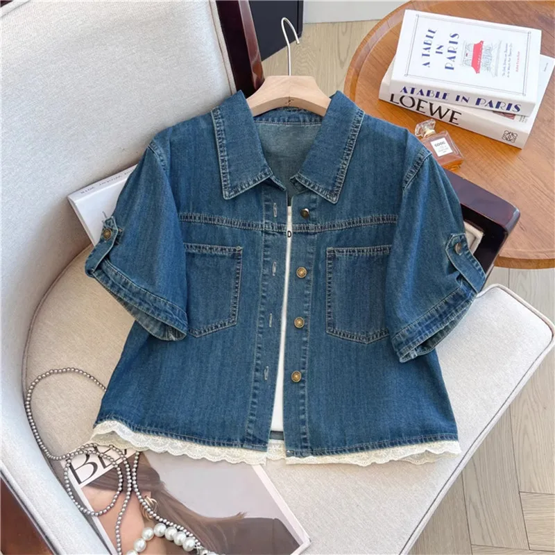 

Dark Blue Short Denim Jacket Lace Hem Patchwork Lapel Single-Breasted Short Sleeve Summer Women Jeans Jacket Coat Chaqueta Mujer
