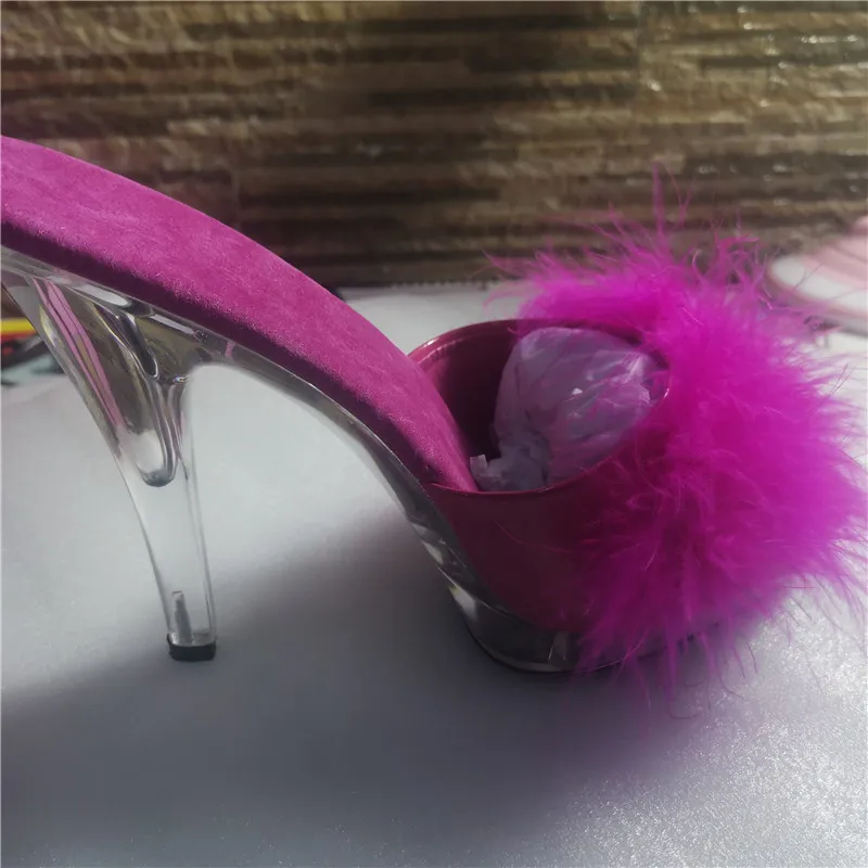 High Heels 13CM Stripper Shoes Plump Feathered Crystal Shoes Hot Sexy Platform Women\'s Sandals