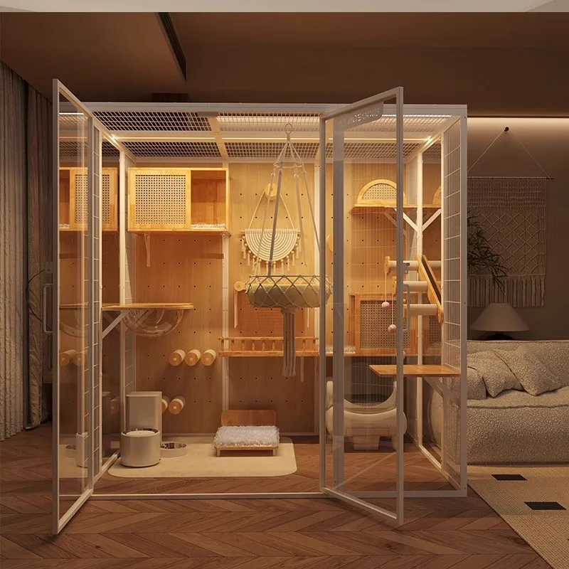 DIY cat villa cat cage oversized luxury solid wood indoor panoramic pet glass display cabinet