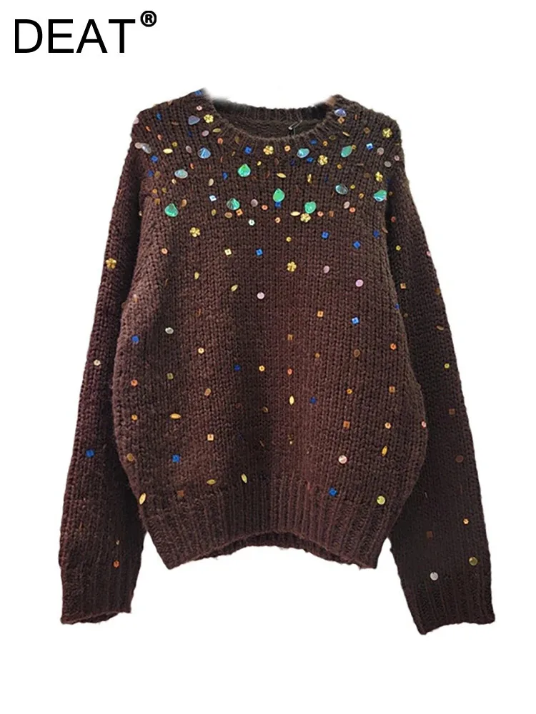 DEAT Women\'s Pullover Knitting Long Sleeve Flower Sequins O-neck Loose Female Brown Sweaters 2024 Autumn New Fashion 29L8197