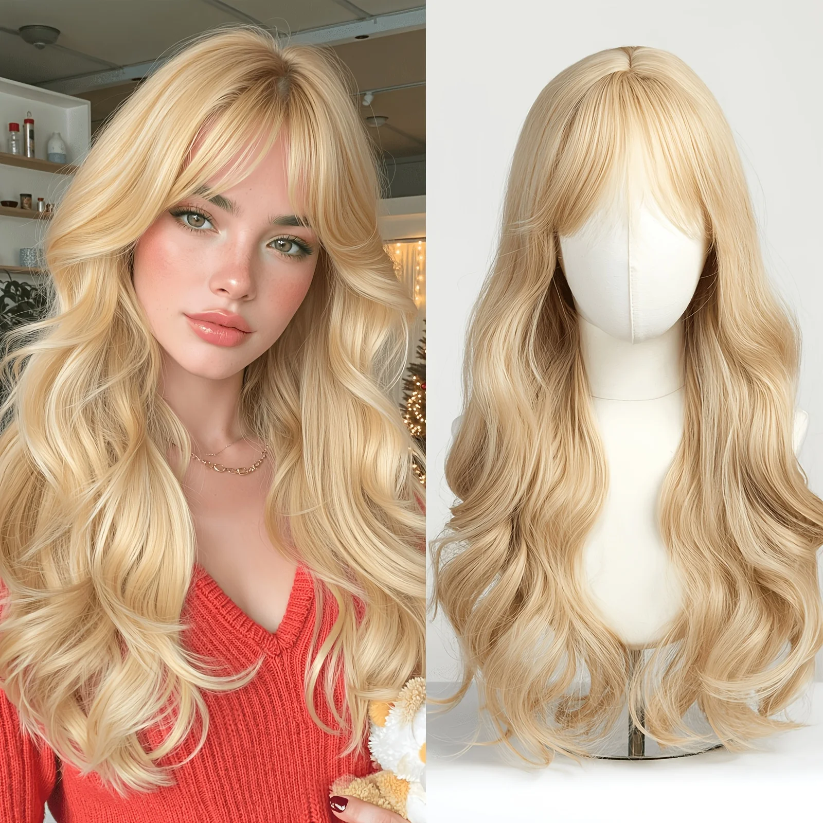 Elegant 26-inch women's light gold wavy long curly wig, glue-free air bangs front, high temperature chemical fiber synthesis