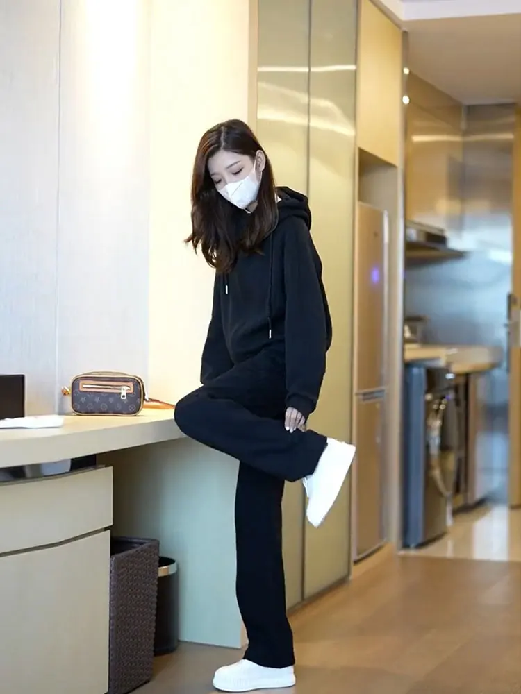 

Black High Waist Straight Leg Pants Cardigan Hoodie Set Women's Fashion Spring Autumn Outfit Korean Style Zipper Closure Cotton