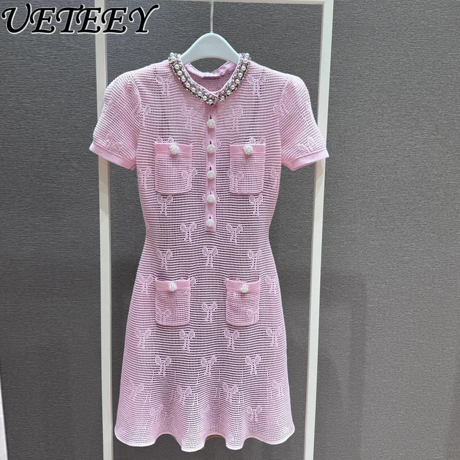 

Чистый оригинальный пуловер с ручной отделкой, вязаное платье с круглым вырезом и бантом, жаккардовые полые облегающие платья с короткими рукавами, летние