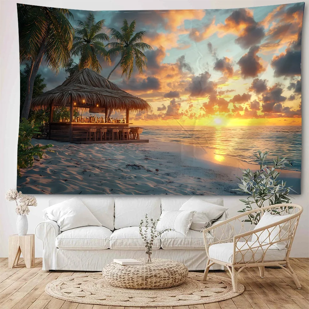 Beautiful seaside town, beach, sea view, coconut trees, seawater dolphins, landscape decoration, tapestry, living room decoratio