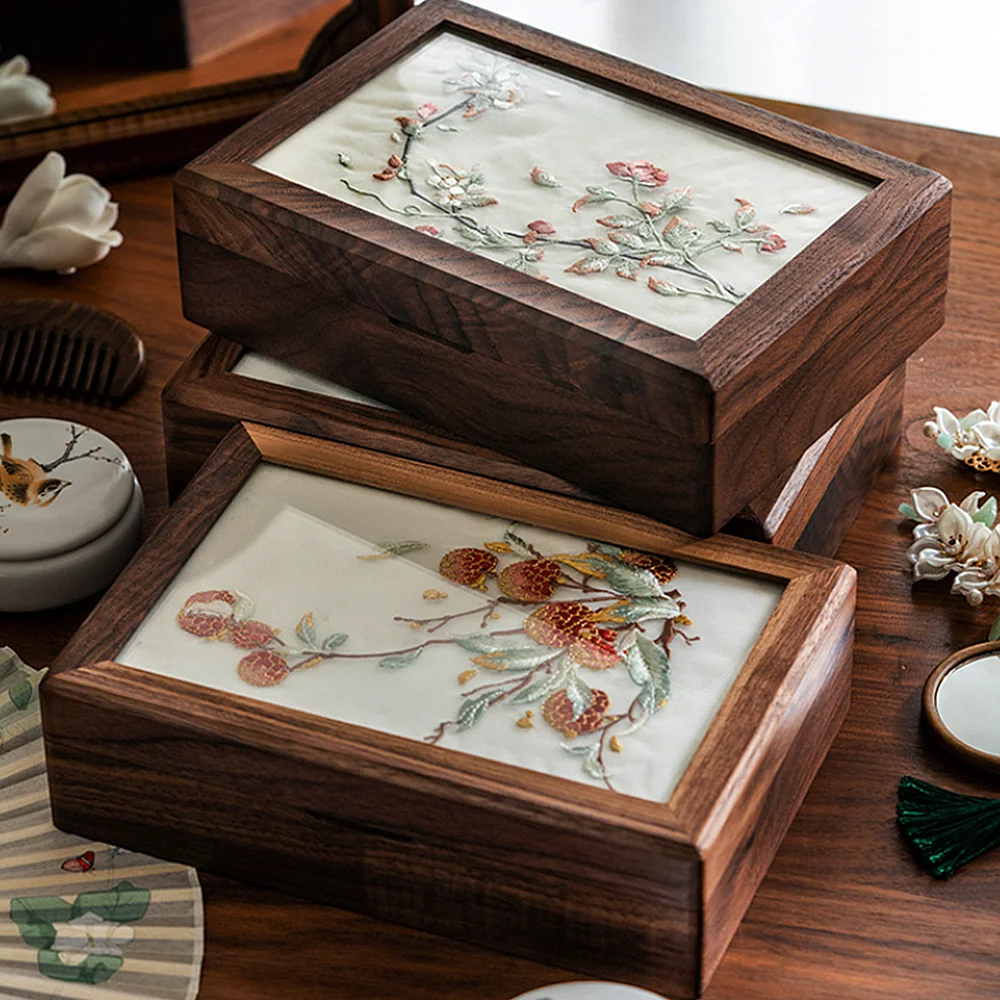 

Black Walnut Chinese Style Embroidery Exquisite Jewelry Box, Magnetic Cover Small Jewelry Storage Box, Traditional Craftsmanship