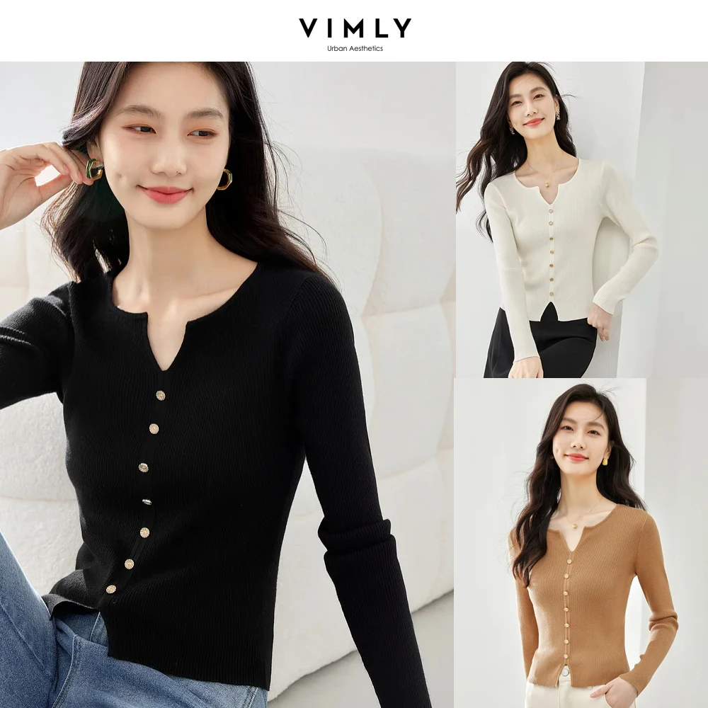 

Vimly High Strecth Slim Knitted T-shirt V-neck Long Sleeve Top 2025 Spring French Style Elegant Pullovers Short Basic Tees 72367