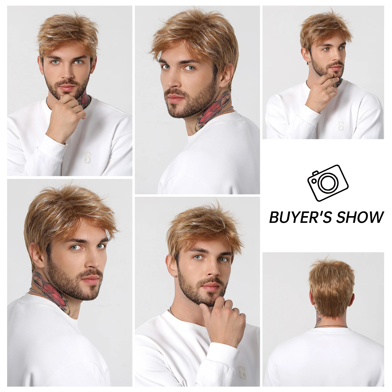 HAIRCUBE Short Men's Brown Blonde Layered Synthetic Wigs Natural Blonde Fake Hair Wigs for Mature Male Guys Halloween Party Wig