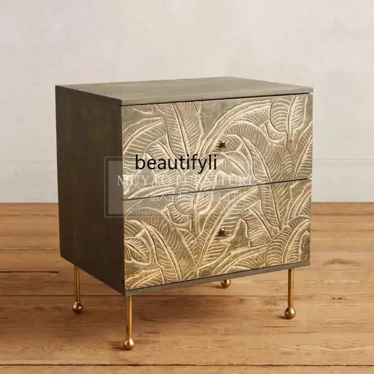 

Vintage carved chest cabinet French solid wood palm leaf storage cabinet bedside table